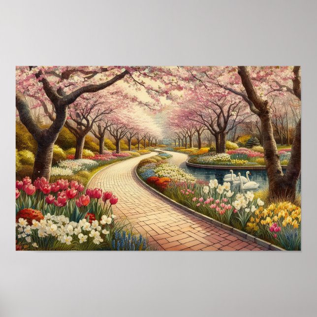 Poster Cena de parque de primavera em aquarela (Frente)