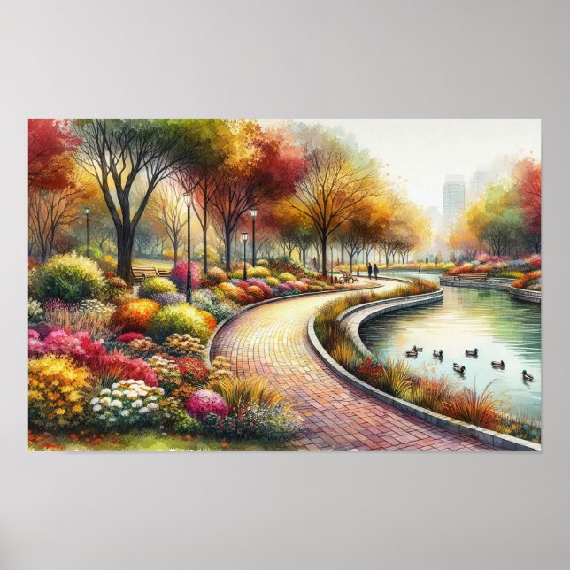 Poster Cena de parque outonal em aquarela (Frente)
