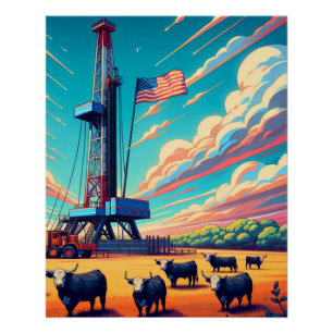 Póster Cena De Perfuração De Gás De Petróleo Bovinos E Pa
