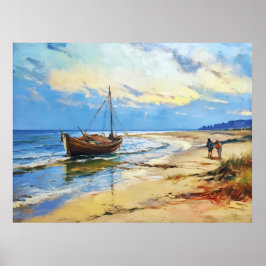 Poster Cena de Pescadores na Praia do Mar Báltico com Fi
