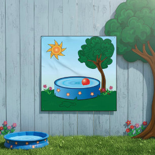 Poster Cena de Piscina no Quintal das Crianças com Árvore