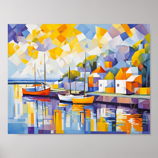 Poster Cena de Porto Cubista com Barcos (Frente)