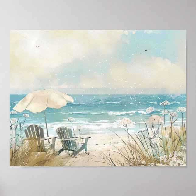 Poster Cena de praia em estilo aquarela com cadeiras bran (Frente)
