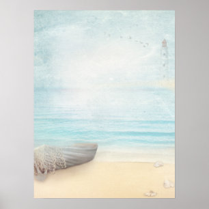 Poster Cena de Praia Náutica com Rowboat e Rede de Pesca