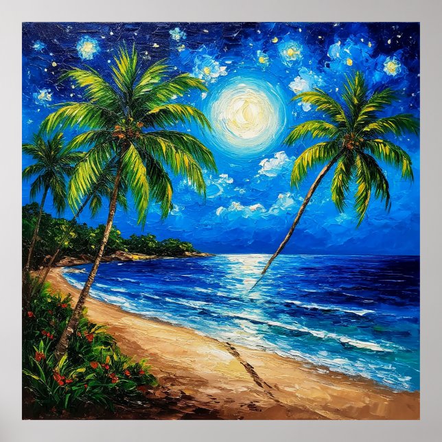 Poster Cena de Praia Noturna Tropical com Palmeiras (Frente)