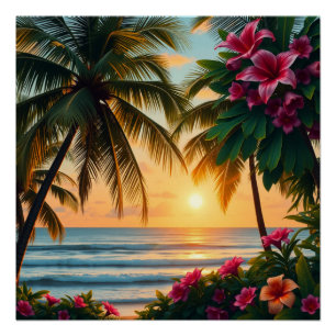 Póster Cena de Praia Sunset Tropical com Palmeiras