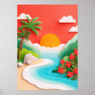 Poster Cena de praia tropical com palmeiras e hibiscos