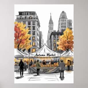 Poster Cena de Rua do Mercado de Outono da Cidade de Nova