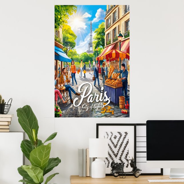 Poster Cena de Rua Parisiense com Torre Eiffel (Escritório em casa)