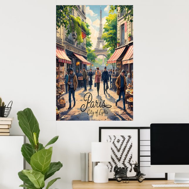 Poster Cena de Rua Parisiense com Torre Eiffel (Escritório em casa)
