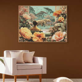 Poster Cena de safári surrealista com elefantes e zebras