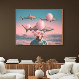 Poster Cena de Sonho Surreal com Tubarões e Balões