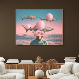 Poster Cena de Sonho Surreal com Tubarões e Balões