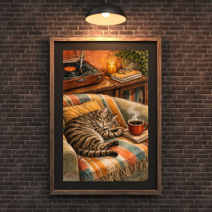 Poster Cena de Vinil de Gato Aconchegante e Café, Gato Si