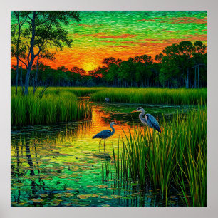 Poster Cena de zona húmida com garças sob pôr do sol desl