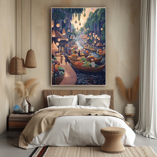 Poster Cena do Mercado Flutuante em Estilo Pontilhista (Criador carregado)