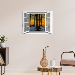 Póster Cena do pôr do sol vista da janela falsa 3D