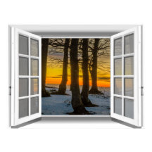 Cena do pôr do sol vista da janela falsa 3D
