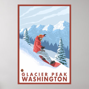 Póster Cena do Snowboarder - pico da geleira, Washington