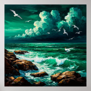 Poster Cena Dramática do Oceano com Gaivotas e Ondas