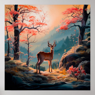 Poster Cena Encantadora de Floresta de Veados de Outono D