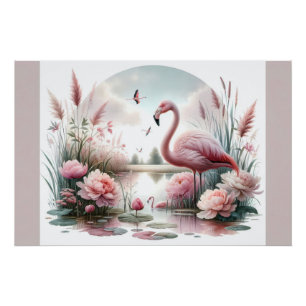 Póster Cena Floral de Flamingo em Lagoa Pastel