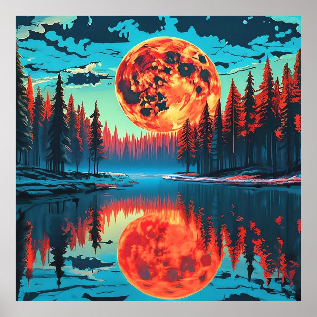 Poster Cena Florestal com Reflexo Lunar Surreal (Frente)