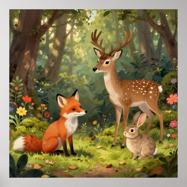 Poster Cena Florestal de Animais Fofos da Floresta (Frente)