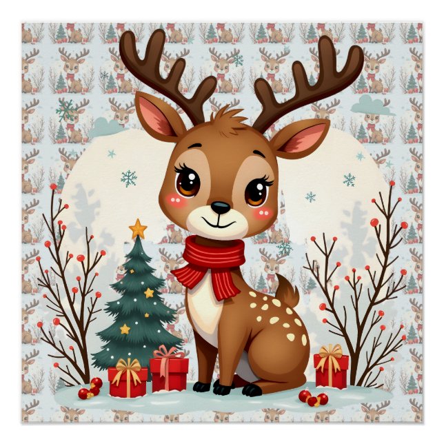 Póster Cena Fofa de Rena de Natal Floresta Nevada (Frente)