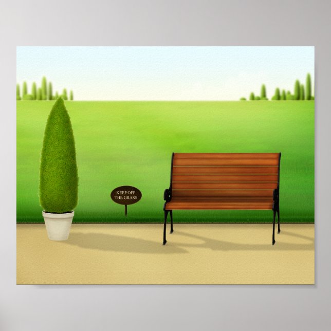 Poster Cena Idílica de Parque com Placa de "Não Pise na G (Frente)