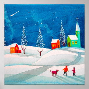 Póster Cena ingénua popular da neve do inverno da arte d