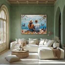 Poster Cena Lakeside Romântica com Patos e Casal