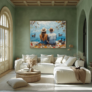 Poster Cena Lakeside Romântica com Patos e Casal