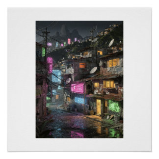 Póster Cena Noturna Cyberpunk Rio de Janeiro Neon Favela