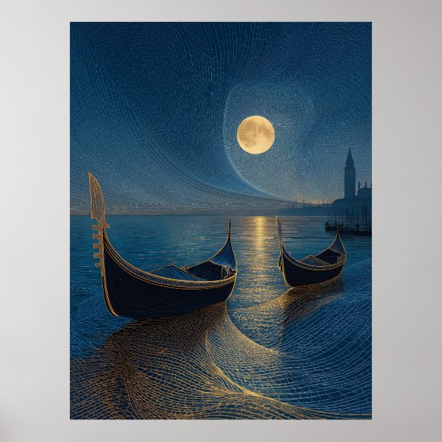 Poster Cena Noturna de Gôndolas Venezianas sob uma Lua Ch (Frente)
