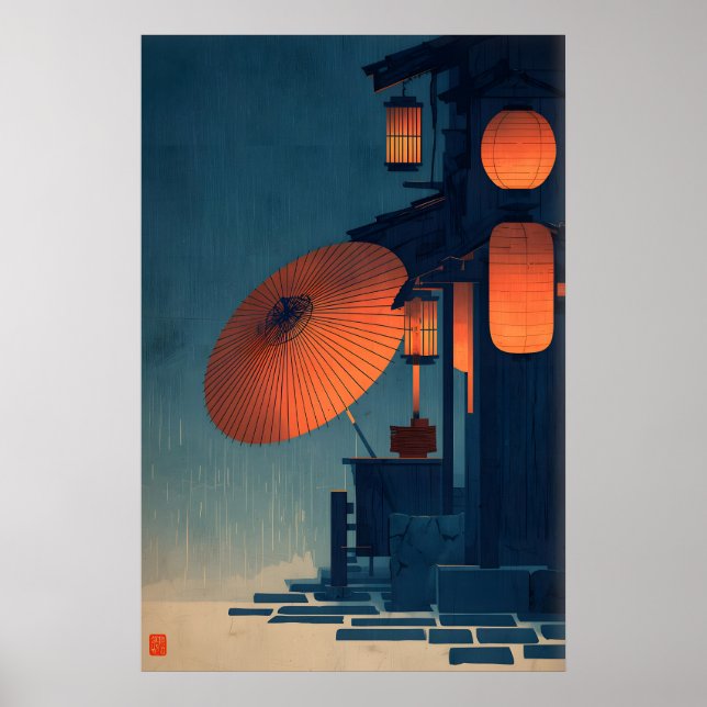 Poster Cena Noturna de Lanterna Japonesa Arte de Parede R (Frente)