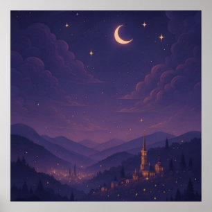 Poster Cena Noturna Mágica de Aldeia ao Luar