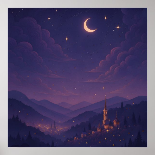 Poster Cena Noturna Mágica de Aldeia ao Luar (Frente)