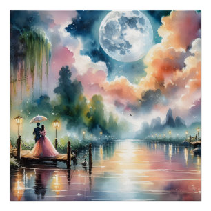 Póster Cena Noturna Romântica ao Luar em Aquarela
