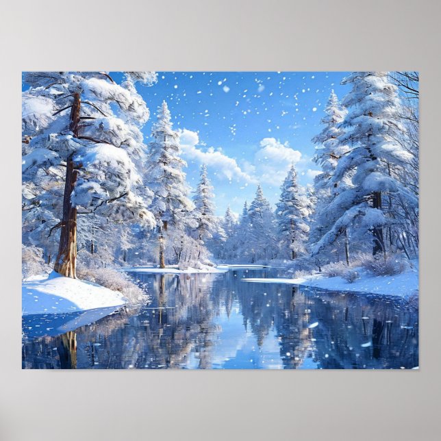 Poster Cena Pacífica da Floresta em Paisagem Invernal Nev (Frente)