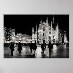 Poster Cena preto e branco da noite da praça do domo,