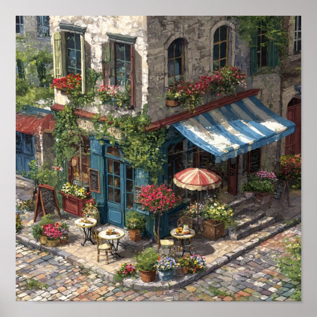 Poster Cena Quaint European Cobblestone Cafe Street (Frente)