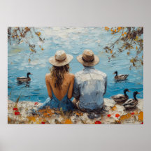 Cena Romântica à Beira do Lago com Patos e Casal
