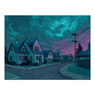 Póster Cena Suburbana Crepuscular Teal Surrealista