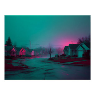Póster Cena Suburbana Noturna com Névoa de Neon
