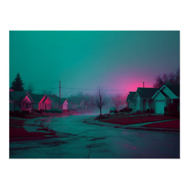 Póster Cena Suburbana Noturna com Névoa de Neon (Frente)