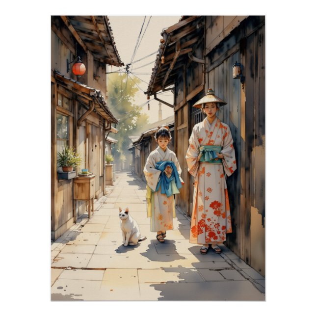 Póster Cena Tradicional de Kimono Japonês Arte de Rua (Frente)