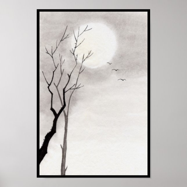 Póster Cenário clássico da lua noturna japonesa sumi-e (Frente)