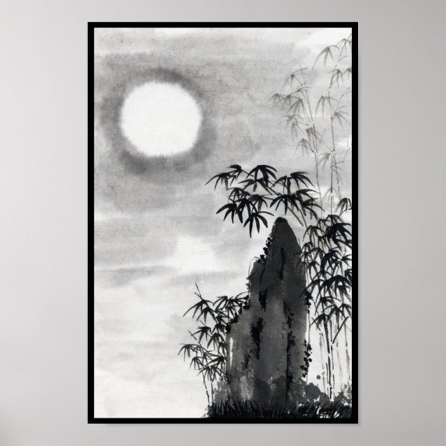 Póster Cenário clássico da lua noturna japonesa sumi-e (Frente)
