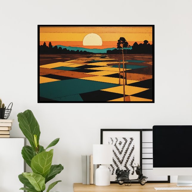 Poster Cenário Cubista Cores Planas Campos Surrealismo (Escritório em casa)
